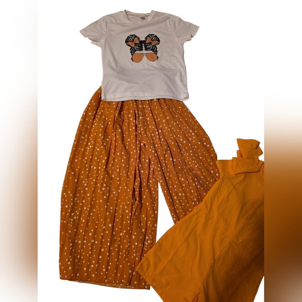 White Graphic Tee and Orange Polka Dot Skirt Set